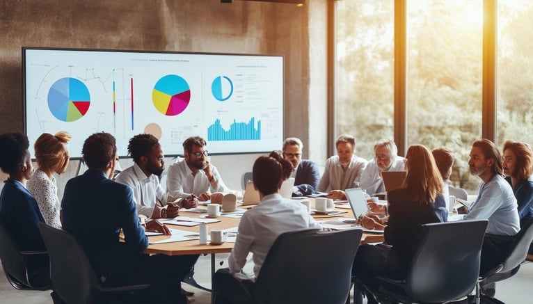 The image depicts a diverse group of twelve senior leaders seated around a large, oval conference table in a modern, welllit meeting room-2